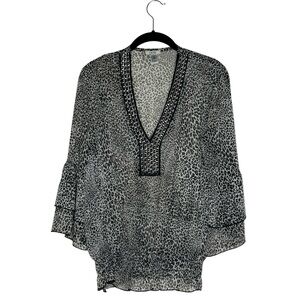 Cache Sheer Chic Black/White Animal Print Blouse Bell‎ Sleeves Smock Waist Sz M